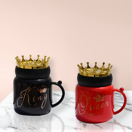 Couple Royal Crown Coffee Mugs Set Gold Accents, 500ml King Queen Printed Coffee and Tea Ceramic Mug