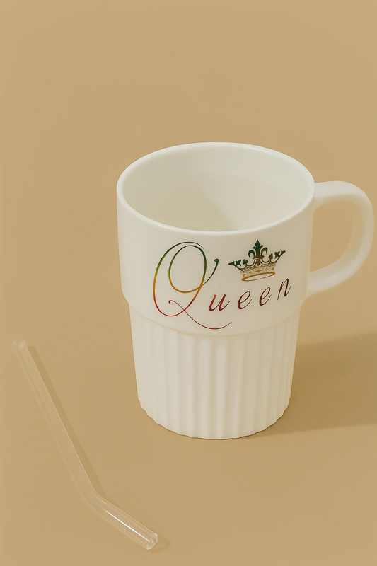 Premium White Ceramic "Queen" Printed Mug with Lid and Stirrer | Elegant Tea & Coffee Cup