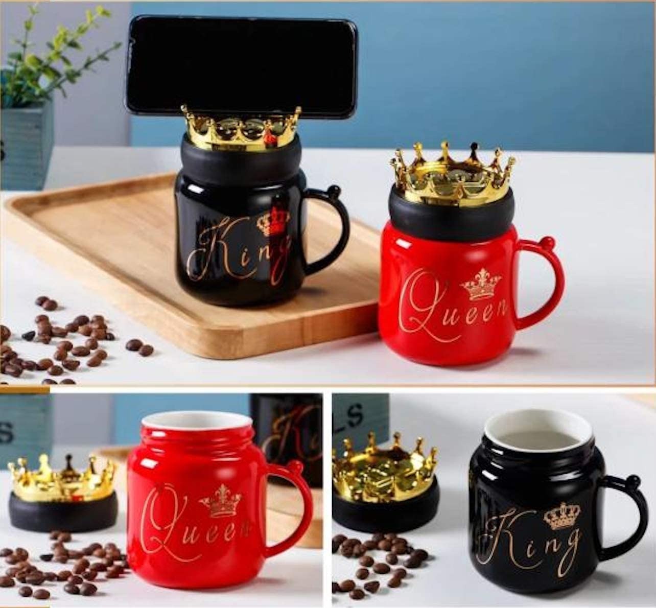 Couple Royal Crown Coffee Mugs Set Gold Accents, 500ml King Queen Printed Coffee and Tea Ceramic Mug