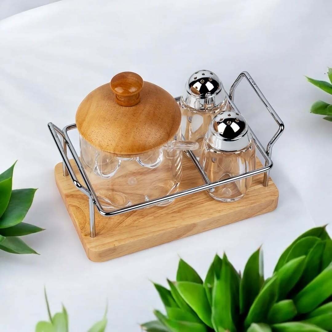 SUGAR POT AND PEPPER CRUET SET WITH BAMBO LID - D1