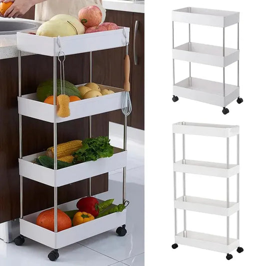 4 Layer Plastic Kitchen Storage Trolley Rack with Caster Wheels, Rolling Utility Cart Slide Out Storage Shelves Space Saving Home Storage Organizer Racks