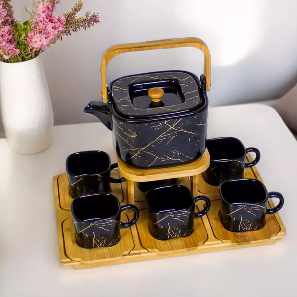 Elegant Marble Design Ceramic Coffee Set with Wooden Tray